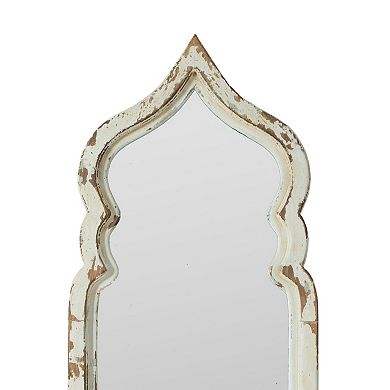 73 Inch Floor Mirror With Ornate Sculpted Top, Fir Wood, Weathered White