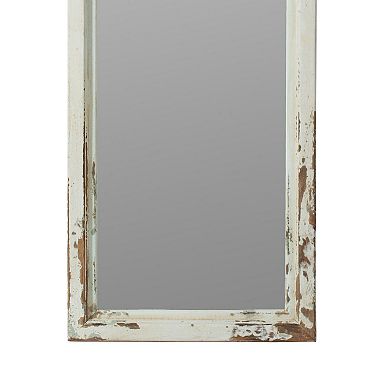 73 Inch Floor Mirror With Ornate Sculpted Top, Fir Wood, Weathered White