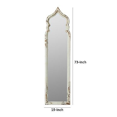 73 Inch Floor Mirror With Ornate Sculpted Top, Fir Wood, Weathered White