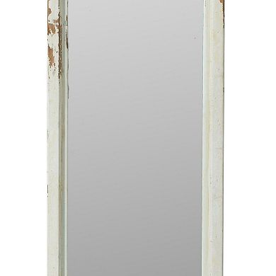 73 Inch Floor Mirror With Ornate Sculpted Top, Fir Wood, Weathered White