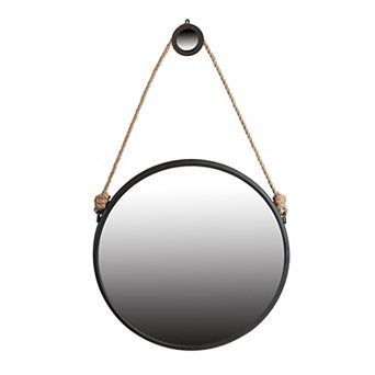 30 Inch Accent Wall Mirror With Rope Hanger And Round Black Metal Frame