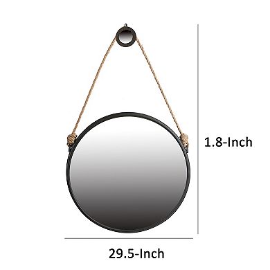 30 Inch Accent Wall Mirror With Rope Hanger And Round Black Metal Frame