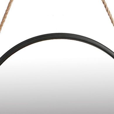 30 Inch Accent Wall Mirror With Rope Hanger And Round Black Metal Frame