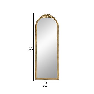 56 Inch Tall Arched Floor Mirror, Antique Floral Design, Gold