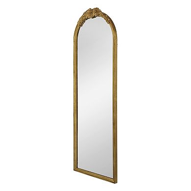 56 Inch Tall Arched Floor Mirror, Antique Floral Design, Gold