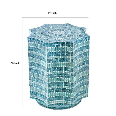 20 Inch Stool Table, Capiz Shell Inlay, Floral Geometric Design, Turquoise