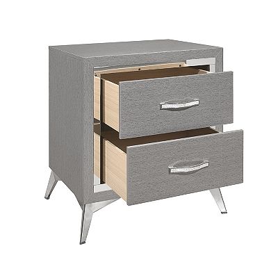 Haya 24 Inch 2 Drawer Nightstand, Embossed Smooth Gray Wood, Silver Trim