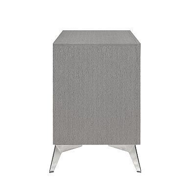 Haya 24 Inch 2 Drawer Nightstand, Embossed Smooth Gray Wood, Silver Trim