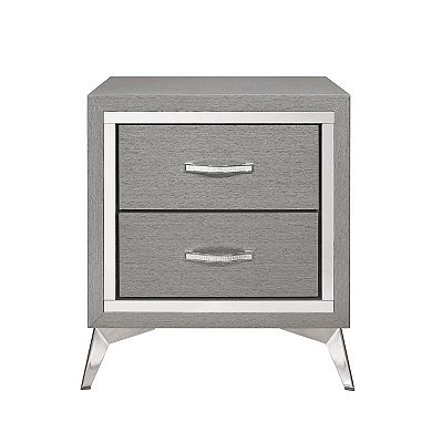 Haya 24 Inch 2 Drawer Nightstand, Embossed Smooth Gray Wood, Silver Trim
