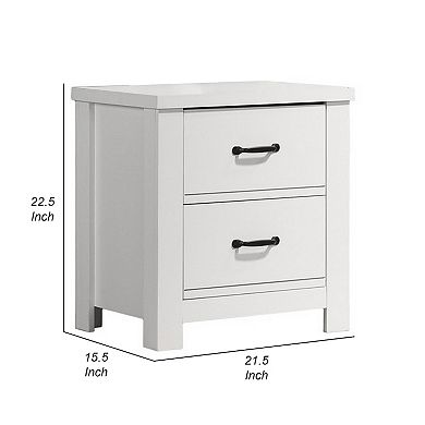Jermy 22 Inch Nightstand, 2 Drawers, Black Handles, Crisp White Finish