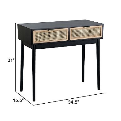 Ela 35 Inch 2 Drawer Wood Console Table, Woven Rattan Panels, Brown, Black