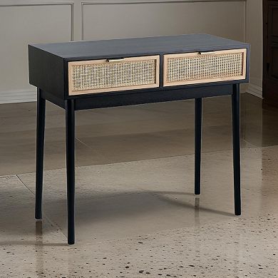 Ela 35 Inch 2 Drawer Wood Console Table, Woven Rattan Panels, Brown, Black