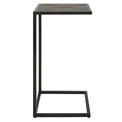 24 Inch Accent Table, Open C Shape, Gray Shagreen Top, Antique Black