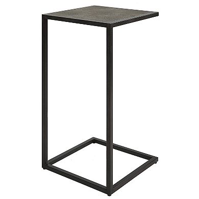 24 Inch Accent Table, Open C Shape, Gray Shagreen Top, Antique Black