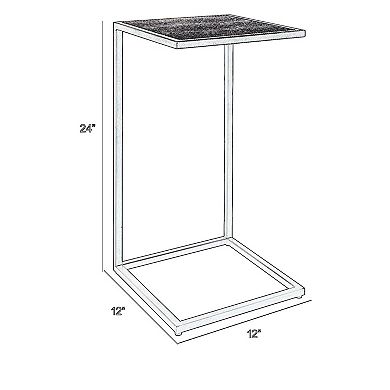 24 Inch Accent Table, Open C Shape, Gray Shagreen Top, Antique Black