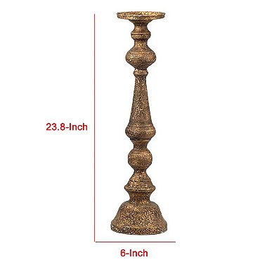 Mia 24 Inch Pillar Candle Holder, Antique Brass Metal, Turned Pedestal