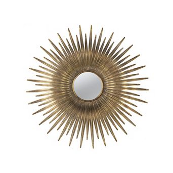 28 Inch Wall Mount Accent Mirror With Round Sunburst Iron Frame, Gold