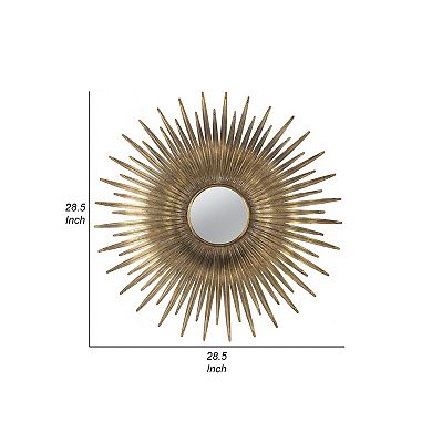 28 Inch Wall Mount Accent Mirror With Round Sunburst Iron Frame, Gold