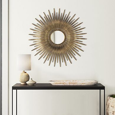 28 Inch Wall Mount Accent Mirror With Round Sunburst Iron Frame, Gold