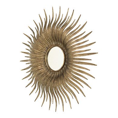 28 Inch Wall Mount Accent Mirror With Round Sunburst Iron Frame, Gold
