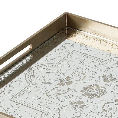 Miki 20 Inch Square Decorative Tray, Artisan Mirrored Floral Pattern, Gold