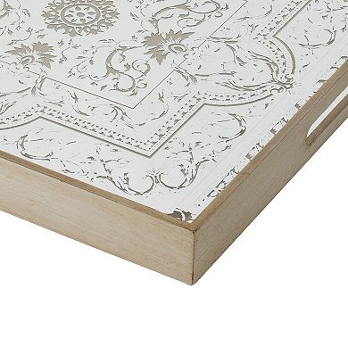 Miki 20 Inch Square Decorative Tray, Artisan Mirrored Floral Pattern, Gold