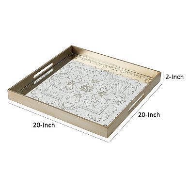 Miki 20 Inch Square Decorative Tray, Artisan Mirrored Floral Pattern, Gold