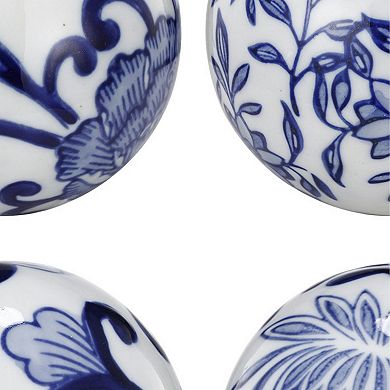 4 Inch Decorative Ball Set Of 6 Orbs, Blue And White Printed Porcelain