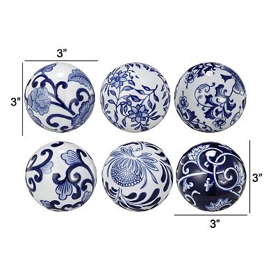 4 Inch Decorative Ball Set Of 6 Orbs, Blue And White Printed Porcelain