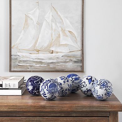 4 Inch Decorative Ball Set Of 6 Orbs, Blue And White Printed Porcelain