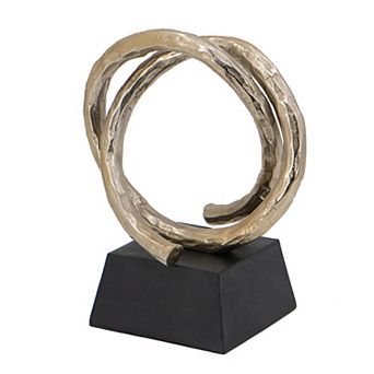 10 Inch Modern Table Sculpture, Bright Gold Aluminum, Intertwined Ring Loop
