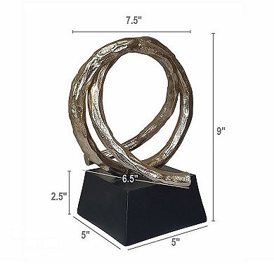 10 Inch Modern Table Sculpture, Bright Gold Aluminum, Intertwined Ring Loop