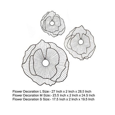 30, 24, 18 Inch Set Of 3 Decorative Metal Flowers, Wall Decor Black, Gold