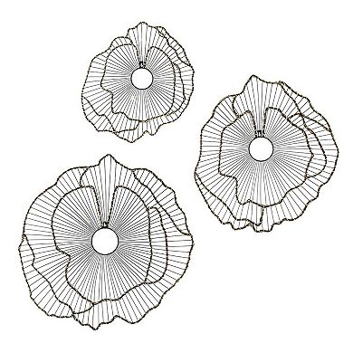 30, 24, 18 Inch Set Of 3 Decorative Metal Flowers, Wall Decor Black, Gold