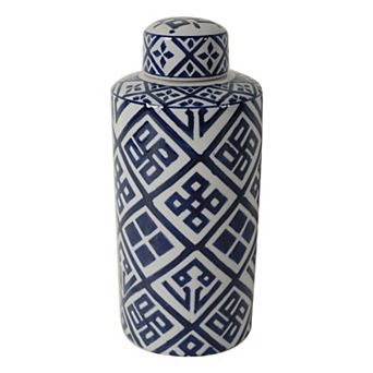 14 Inch Lidded Jar, Geometric Pattern, Cylindrical Blue And White Porcelain