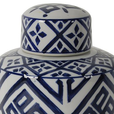 14 Inch Lidded Jar, Geometric Pattern, Cylindrical Blue And White Porcelain