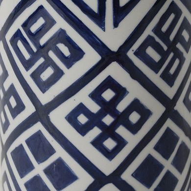 14 Inch Lidded Jar, Geometric Pattern, Cylindrical Blue And White Porcelain