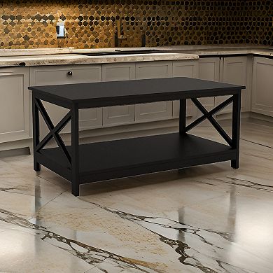 Hep 40 Inch Coffee Table With 1 Shelf, And Crossed Accent Frame, Black