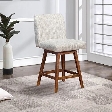 Lia 26 Inch Swivel Counter Stool Chair, Brown Wood Frame, Beige Polyester