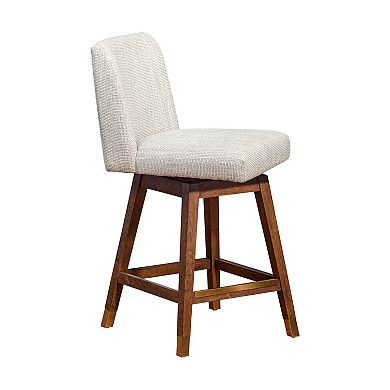 Lia 26 Inch Swivel Counter Stool Chair, Brown Wood Frame, Beige Polyester