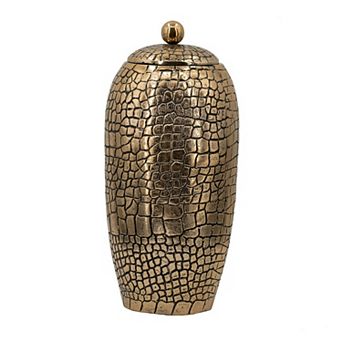 15 Inch Aluminum Urn, Lidded Top, Hammered Texture, Antique Gold Finish