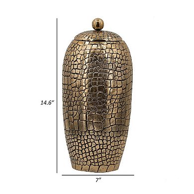 15 Inch Aluminum Urn, Lidded Top, Hammered Texture, Antique Gold Finish