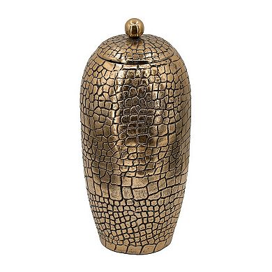 15 Inch Aluminum Urn, Lidded Top, Hammered Texture, Antique Gold Finish