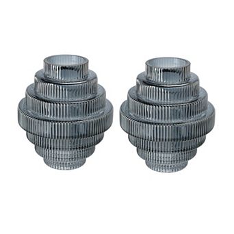 Rae Set Of 2 Glass Vases, Geometric Round, Smokey Blue And Clear Finish