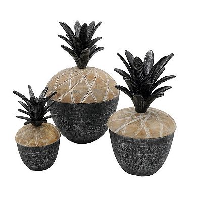 14, 12, 11 Inch Lidded Jar, Pineapple Design, Gray Mango Wood, Set Of 3