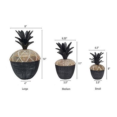 14, 12, 11 Inch Lidded Jar, Pineapple Design, Gray Mango Wood, Set Of 3