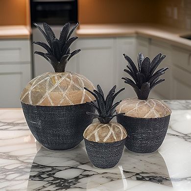 14, 12, 11 Inch Lidded Jar, Pineapple Design, Gray Mango Wood, Set Of 3