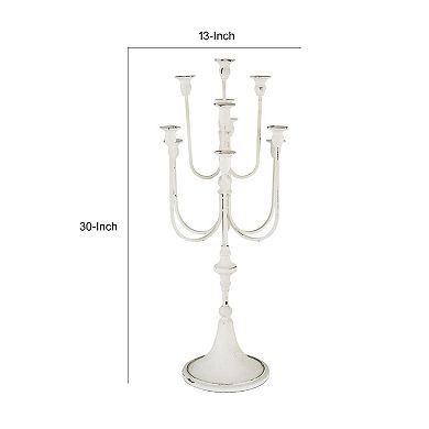 30 Inch Classic 11 Light Candelabra, Curved Arms, White Iron Frame