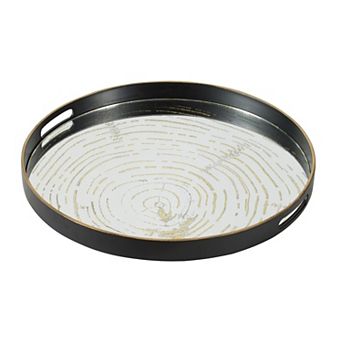 18 Inch Decorative Tray, Round Black Wood Frame, Mirrored Bottom