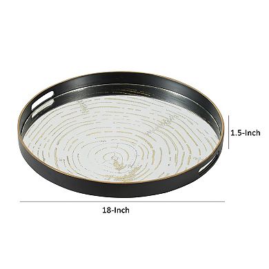 18 Inch Decorative Tray, Round Black Wood Frame, Mirrored Bottom
